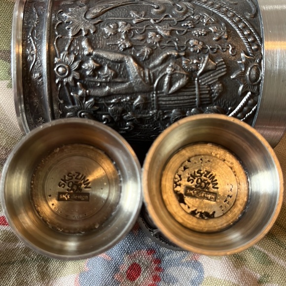 Vtg 70s KIRK STIEFF Pewter Cups German Scenes Shot Glasses & Cup 3-Piece Set Bar - Picture 15 of 16